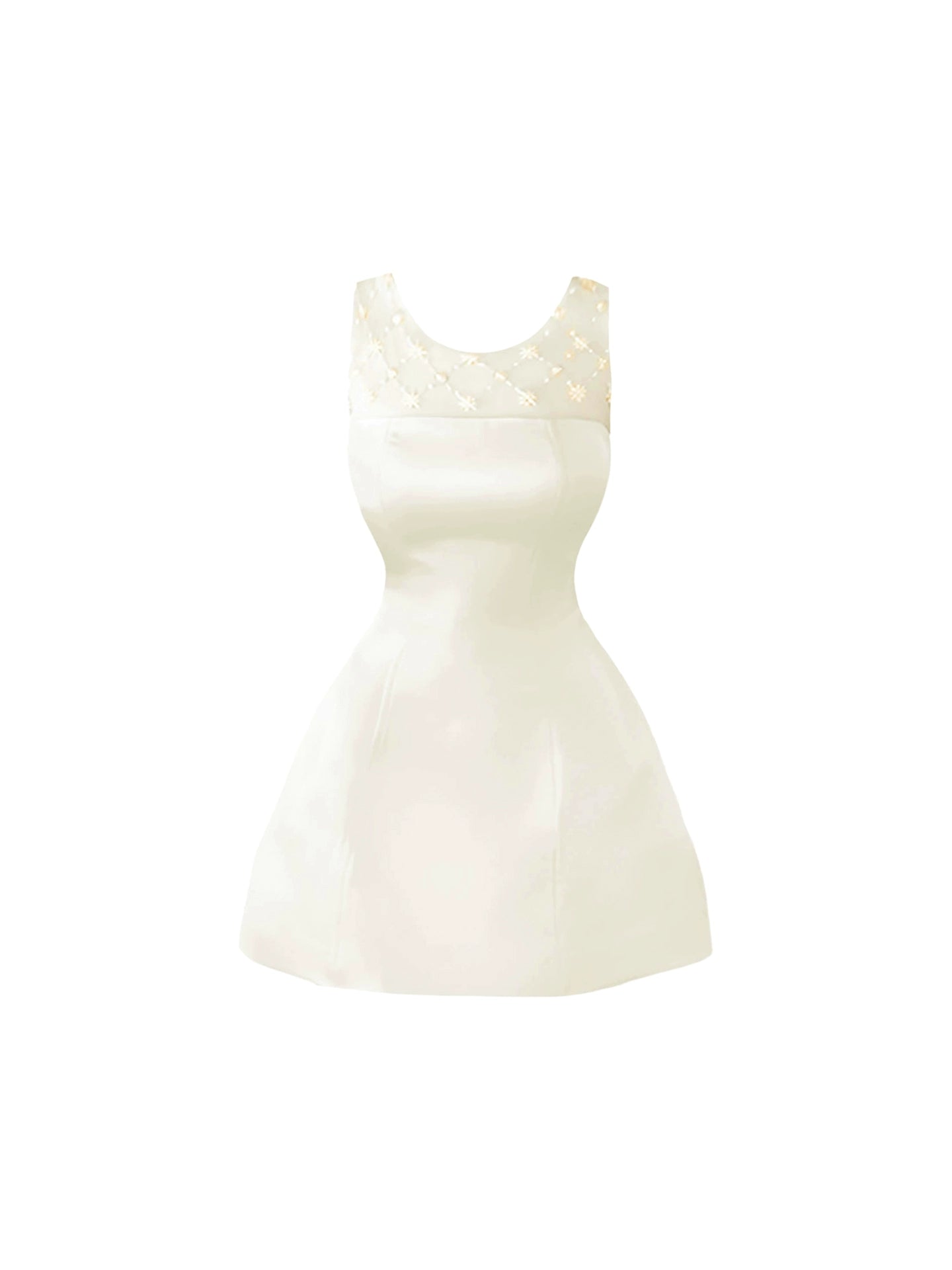 Sparkly Sheer Mesh Yoke Jewel Neck Mini Skirt Luxury Pearl Accents A-Line Sleeveless Short Dress AP4615