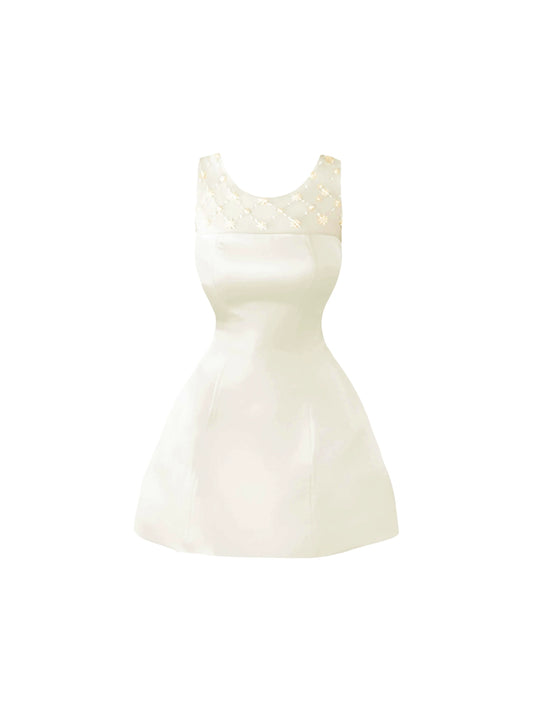 Sparkly Sheer Mesh Yoke Jewel Neck Mini Skirt Luxury Pearl Accents A-Line Sleeveless Short Dress AP4615