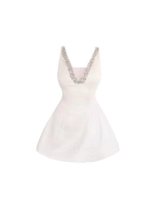 Adorable Beaded V Neck Parties & Gatherings Mini Skirt Classical Trimmed Mesh A-Line White Short Dress AP4616