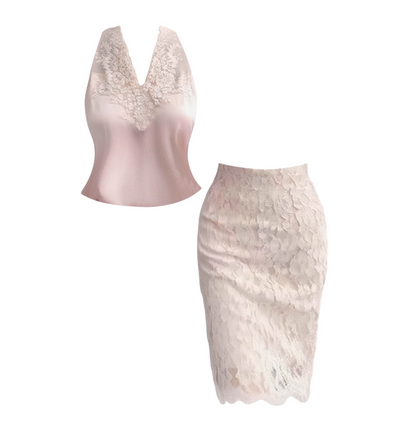 Playful V Neck Sleeveless Top Lace-Embellished Midi Dress Vogue 2-Piece Set Date Nights Sheath Long Dress AP4617