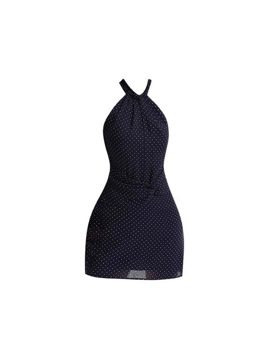 Stylish Bodycon Polka Dots Mini Skirt Retro Slim-Fit Ruched Waist Halter Short Dress AP4618