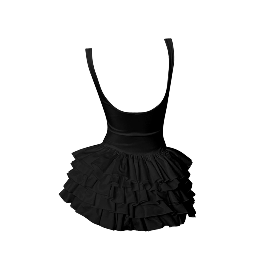 Fitted Spaghetti Strap Backless Tiered Ruffled Mini Skirt Vogue Black Square Neck Sleeveless A-Line Short Dress AP4619