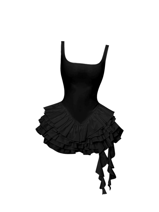 Fitted Spaghetti Strap Backless Tiered Ruffled Mini Skirt Vogue Black Square Neck Sleeveless A-Line Short Dress AP4619