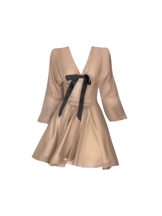 Flattering A-Line Beige Deep V-Neck Mini Skirt Casual Black Bow Trim Long Sleeve Short Dress AP4620