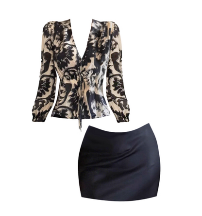 Trendy Deep V Neck Two-Piece Black Skinny Mini Skirt Boho-Style Black & Beige Floral Print Long Sleeve Top Sheath Short Dress AP4622