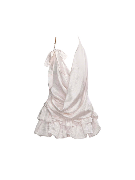 Attractive Draped Halter Neck Backless Mini Skirt Playful Beads Tiered A-Line Short Dress AP4623