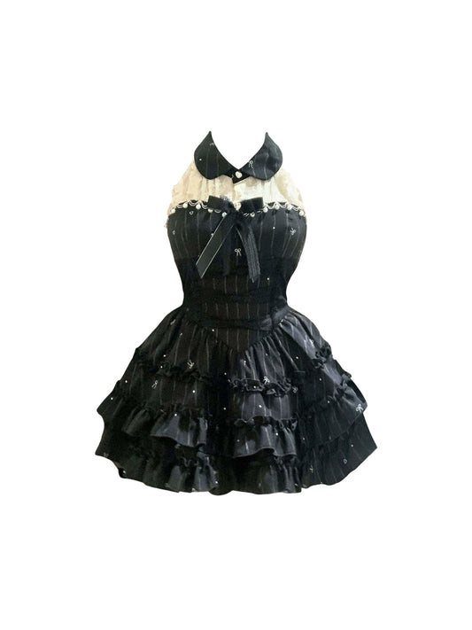 Sexy Splicing Lace Lapel Neck Bow Detail Tiered Mini Skirt French-Style Pearls Accent A-Line Sleeveless Black Striped Short Dress AP4624