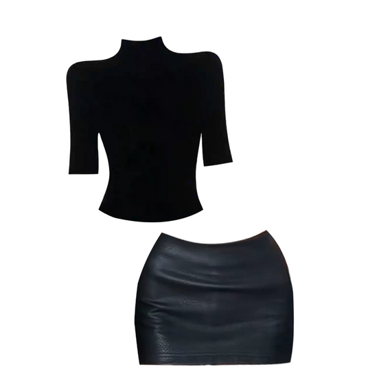 Vogue Mock Neck Two-Piece Black Mini Skirt Casual Cold-Shoulder 3/4 Sleeve Top Leather Sheath Short Dress AP4625