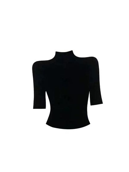 Vogue Mock Neck Two-Piece Black Mini Skirt Casual Cold-Shoulder 3/4 Sleeve Top Leather Sheath Short Dress AP4625