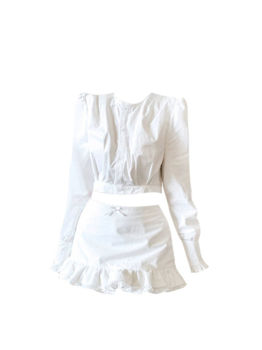 Modern Long Sleeve Jewel Neck Two-Piece White Mini Skirt Chic Bow-Accent Sheath Ruffled Hem Short Dress AP4626