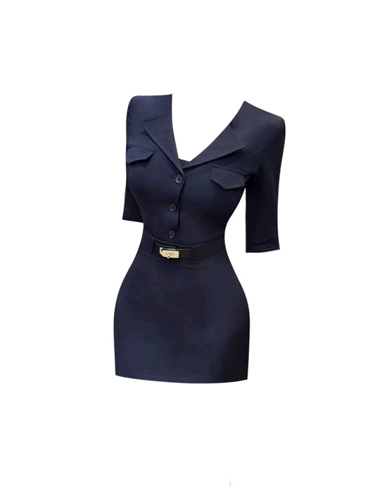 Pretty Work Commutes Outfit Button Front Belted Waist Mini Skirt Navy Blue Blazer-Collar 3/4 Sleeve Sheath Short Dress AP4627