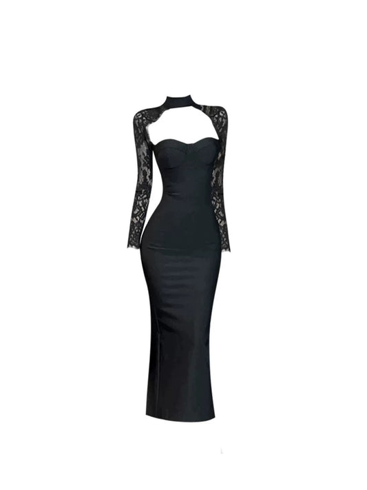 Princess Sheath Cutout Mock Neck Black Maxi Dress Elegant Sheer Lace Long Sleeve Long Dress AP4628