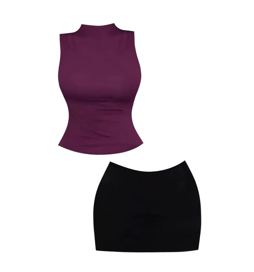 Fancy Mock Neck Plum Purple Top Black Mini Dress Simple Two-Piece Set Bodycon Casual Outings Short Dress AP4629
