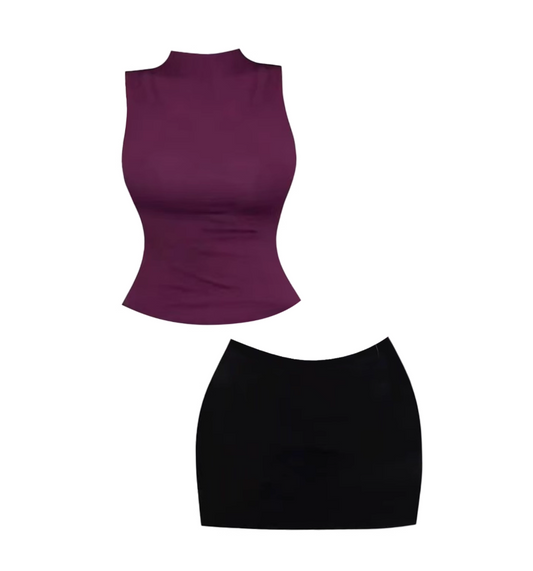 Fancy Mock Neck Plum Purple Top Black Mini Dress Simple Two-Piece Set Bodycon Casual Outings Short Dress AP4629