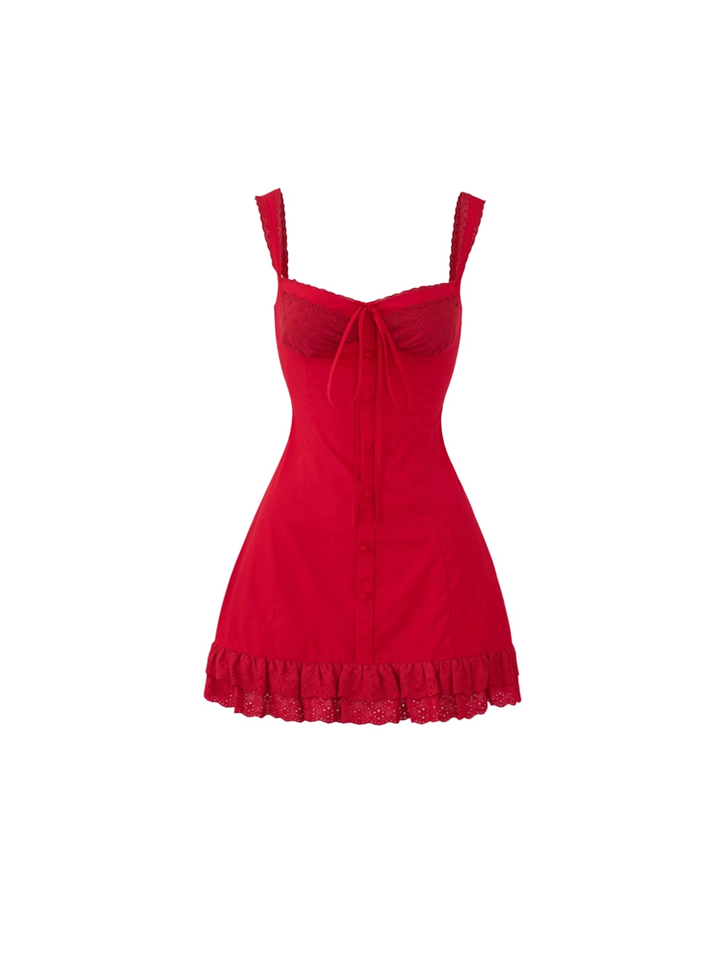 Hot Girls Spaghetti Strap Red Sleeveless Mini Skirt Sexy Front Tie Lace Ruffled Hem A-Line Short Dress AP4630