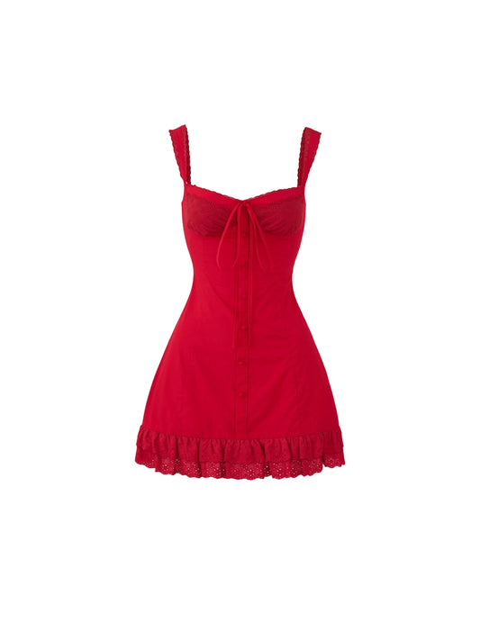 Hot Girls Spaghetti Strap Red Sleeveless Mini Skirt Sexy Front Tie Lace Ruffled Hem A-Line Short Dress AP4630