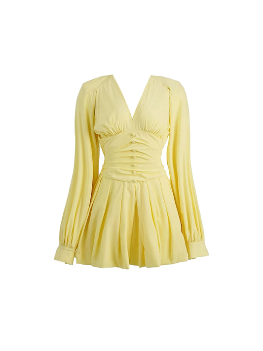 Casual Pale Yellow Deep V-Neck A-Line Mini Skirt Vibrant Long Sleeve Ruched-Waist Short Dress AP4633