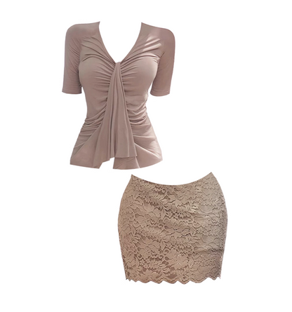 Y2K Style V Neck Twist-Ruched 2-Piece Set Mini Skirt Retro Short Sleeve Top Sheath Lace Skinny Short Dress AP4634