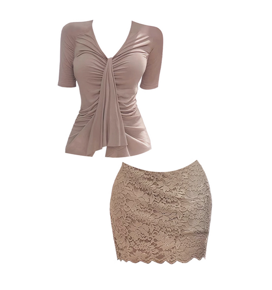 Y2K Style V Neck Twist-Ruched 2-Piece Set Mini Skirt Retro Short Sleeve Top Sheath Lace Skinny Short Dress AP4634