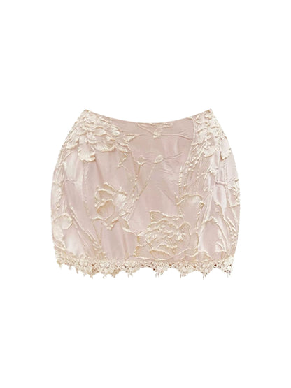 New Tendency Square Neck Pale Pink 2-Piece Set Mini Skirt Sweet Short Sleeve Bow Accent Lace Trim Top Sheath Textural Floral Short Dress AP4635