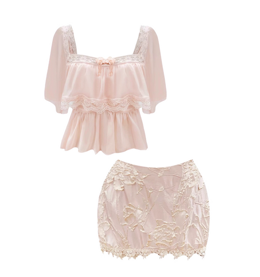 New Tendency Square Neck Pale Pink 2-Piece Set Mini Skirt Sweet Short Sleeve Bow Accent Lace Trim Top Sheath Textural Floral Short Dress AP4635
