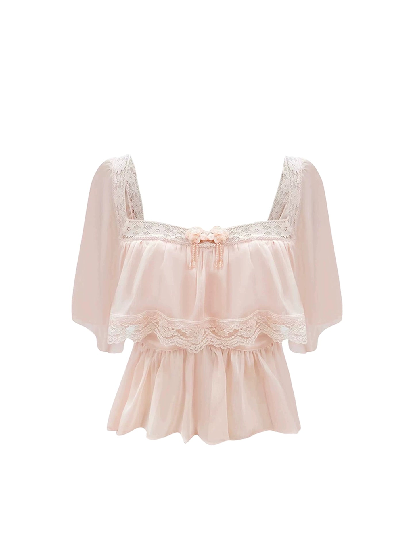 New Tendency Square Neck Pale Pink 2-Piece Set Mini Skirt Sweet Short Sleeve Bow Accent Lace Trim Top Sheath Textural Floral Short Dress AP4635