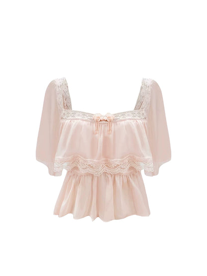 New Tendency Square Neck Pale Pink 2-Piece Set Mini Skirt Sweet Short Sleeve Bow Accent Lace Trim Top Sheath Textural Floral Short Dress AP4635