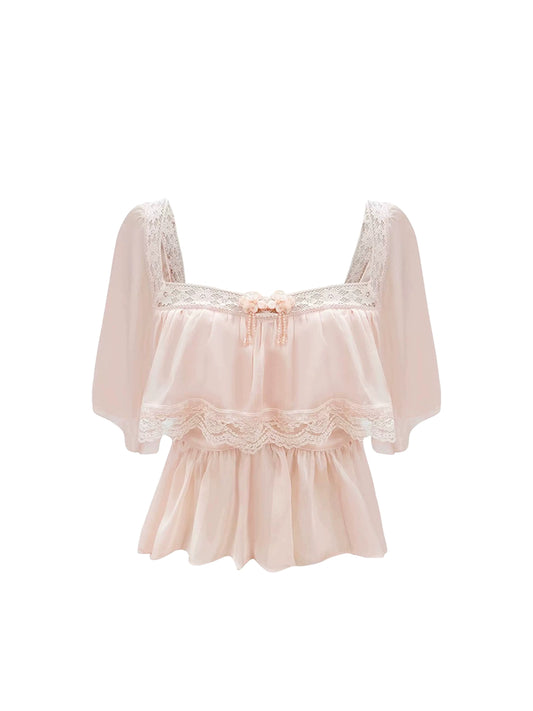 New Tendency Square Neck Pale Pink 2-Piece Set Mini Skirt Sweet Short Sleeve Bow Accent Lace Trim Top Sheath Textural Floral Short Dress AP4635
