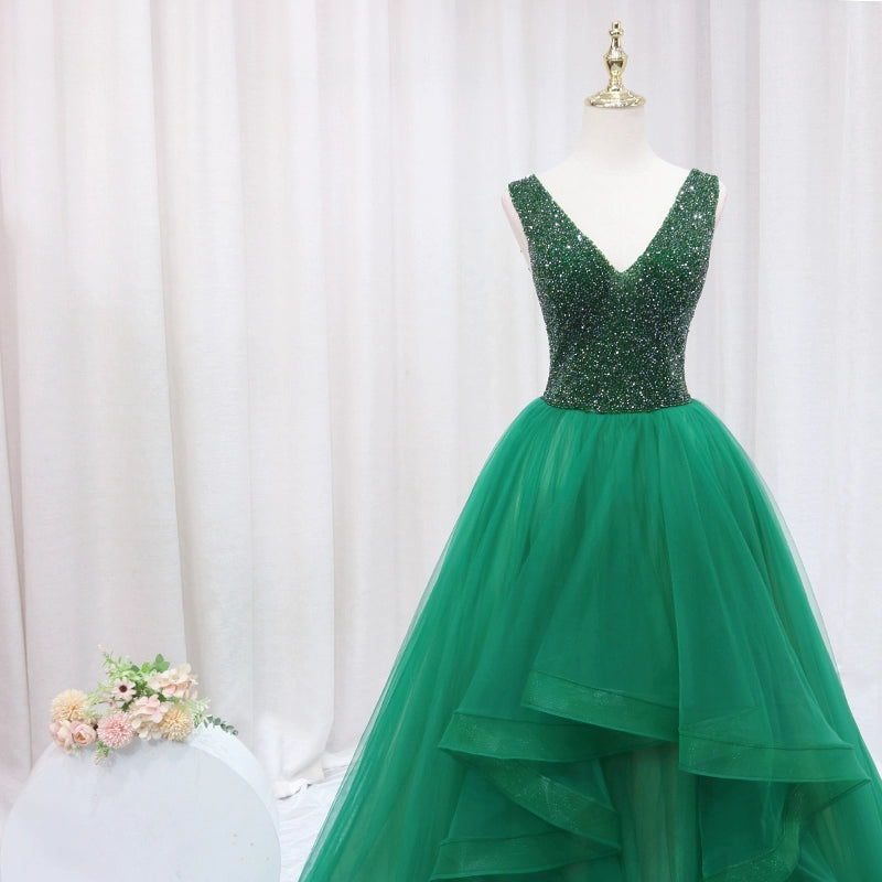 Exquisite A-Line V Neck Evening Gowns Sleeveless Ruffles Tulle Beading Sequins Prom Dress AP4638