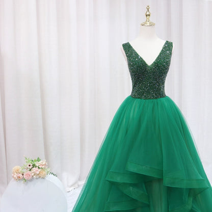 Exquisite A-Line V Neck Evening Gowns Sleeveless Ruffles Tulle Beading Sequins Prom Dress AP4638