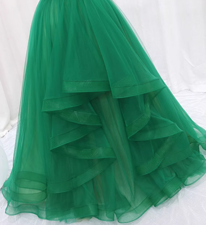 Exquisite A-Line V Neck Evening Gowns Sleeveless Ruffles Tulle Beading Sequins Prom Dress AP4638
