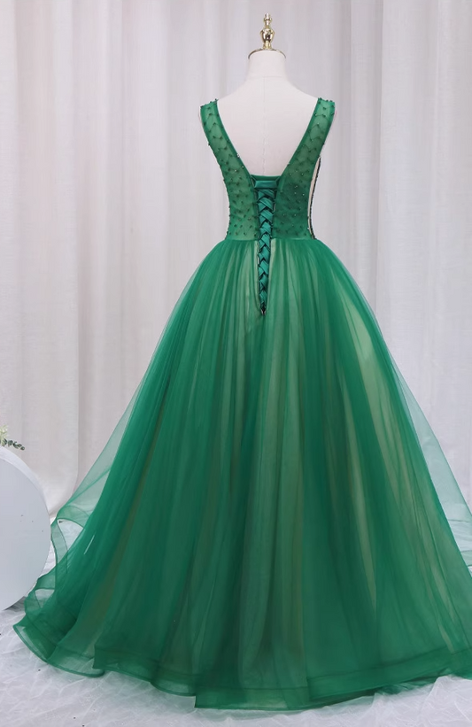 Exquisite A-Line V Neck Evening Gowns Sleeveless Ruffles Tulle Beading Sequins Prom Dress AP4638