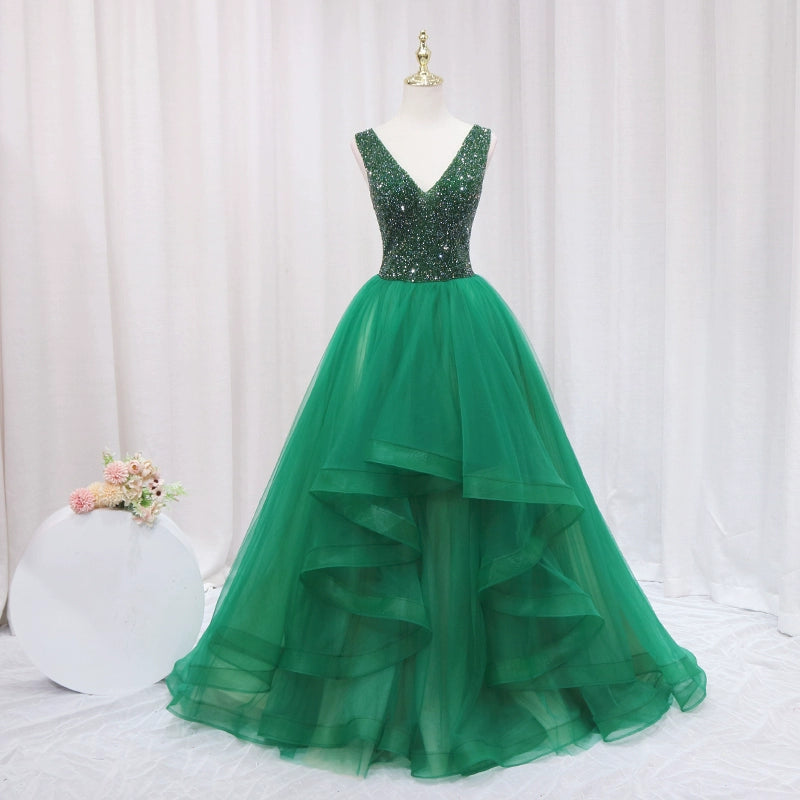 Exquisite A-Line V Neck Evening Gowns Sleeveless Ruffles Tulle Beading Sequins Prom Dress AP4638