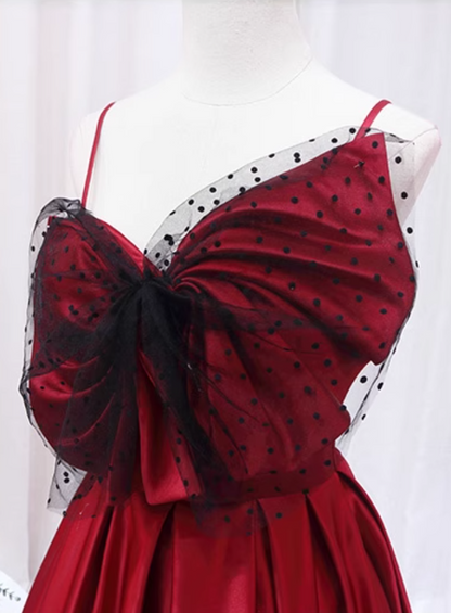 Refined A-Line Spaghetti Strap Sweet 16th Evening Dresses  Black Polka-Dot Tulle Bow Red Satin Prom Dress AP4640