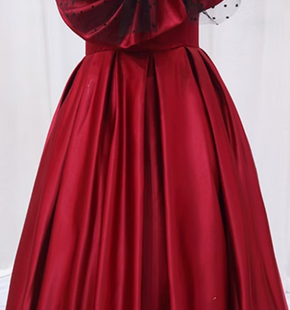 Refined A-Line Spaghetti Strap Sweet 16th Evening Dresses  Black Polka-Dot Tulle Bow Red Satin Prom Dress AP4640