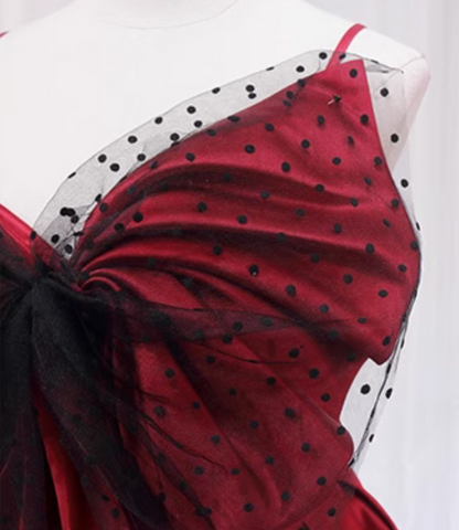 Refined A-Line Spaghetti Strap Sweet 16th Evening Dresses  Black Polka-Dot Tulle Bow Red Satin Prom Dress AP4640