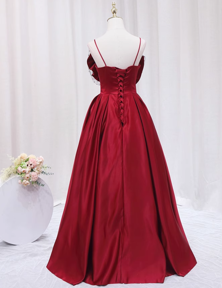 Refined A-Line Spaghetti Strap Sweet 16th Evening Dresses  Black Polka-Dot Tulle Bow Red Satin Prom Dress AP4640