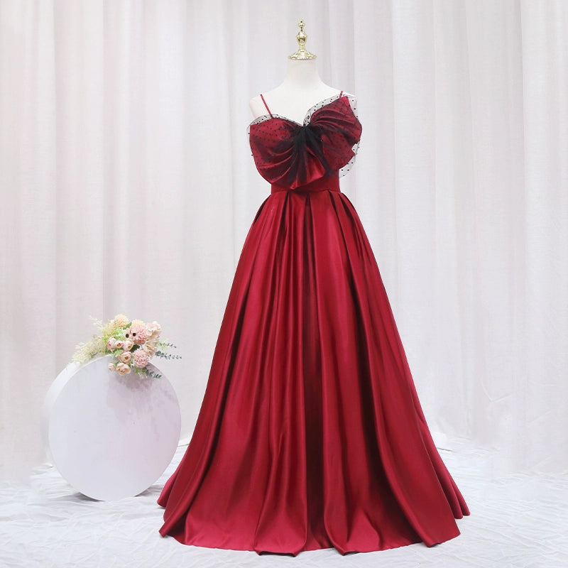 Refined A-Line Spaghetti Strap Sweet 16th Evening Dresses  Black Polka-Dot Tulle Bow Red Satin Prom Dress AP4640