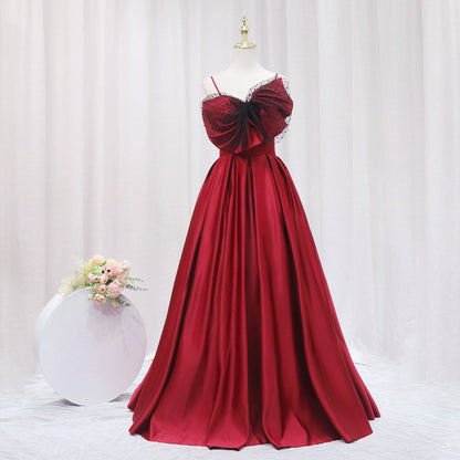 Refined A-Line Spaghetti Strap Sweet 16th Evening Dresses  Black Polka-Dot Tulle Bow Red Satin Prom Dress AP4640