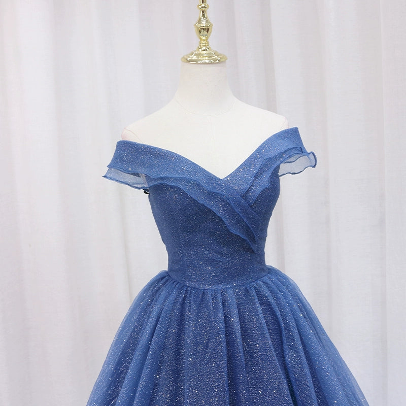 Beautiful A-Line Off-Shoulder Evening Gowns Sequins Blue Tulle Prom Dress AP4641