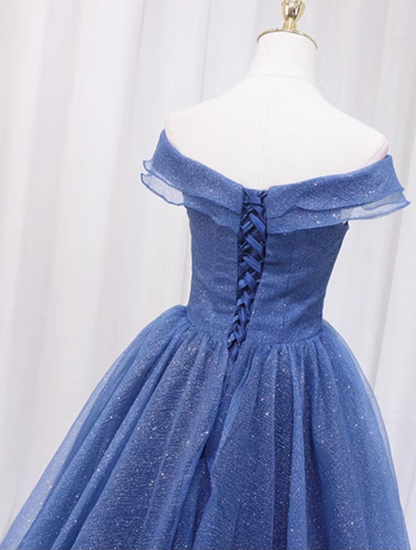 Beautiful A-Line Off-Shoulder Evening Gowns Sequins Blue Tulle Prom Dress AP4641
