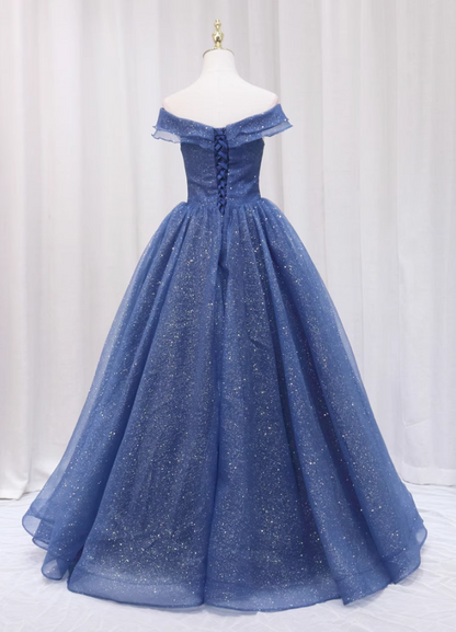 Beautiful A-Line Off-Shoulder Evening Gowns Sequins Blue Tulle Prom Dress AP4641