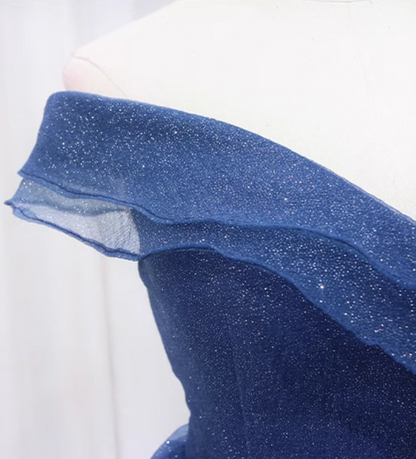 Beautiful A-Line Off-Shoulder Evening Gowns Sequins Blue Tulle Prom Dress AP4641
