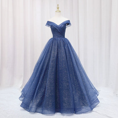 Beautiful A-Line Off-Shoulder Evening Gowns Sequins Blue Tulle Prom Dress AP4641