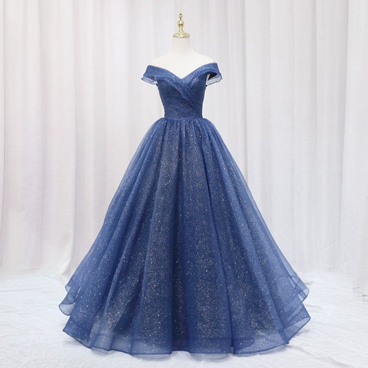 Beautiful A-Line Off-Shoulder Evening Gowns Sequins Blue Tulle Prom Dress AP4641
