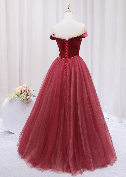 Enchanting A-Line Off-Shoulder Evening Gowns Tulle Trim Sequins Beaded Prom Dress AP4642
