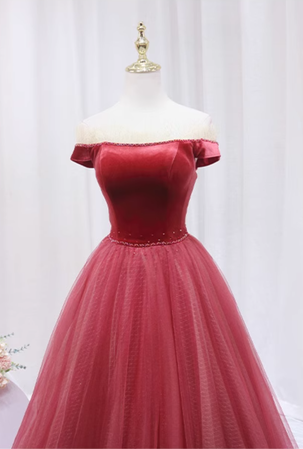 Enchanting A-Line Off-Shoulder Evening Gowns Tulle Trim Sequins Beaded Prom Dress AP4642