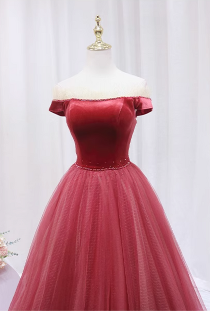 Enchanting A-Line Off-Shoulder Evening Gowns Tulle Trim Sequins Beaded Prom Dress AP4642