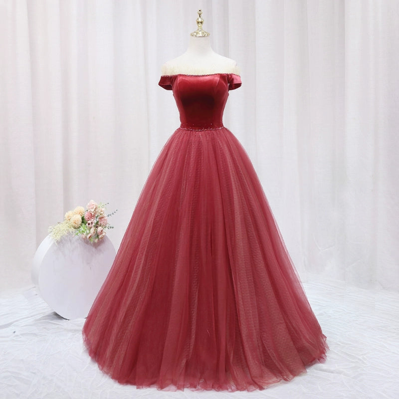 Enchanting A-Line Off-Shoulder Evening Gowns Tulle Trim Sequins Beaded Prom Dress AP4642