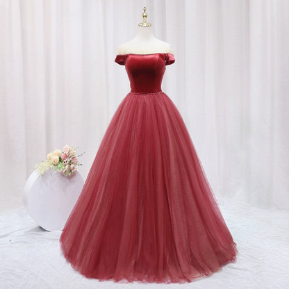 Enchanting A-Line Off-Shoulder Evening Gowns Tulle Trim Sequins Beaded Prom Dress AP4642